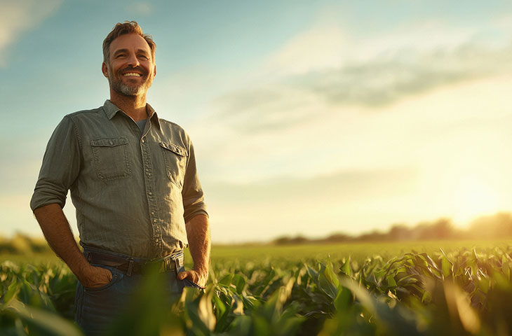 Homem sorrindo com as mãos na cintura em uma plantação