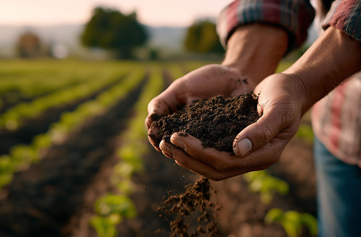 Duas mãos de homem segurando um punhado de terra em uma plantação