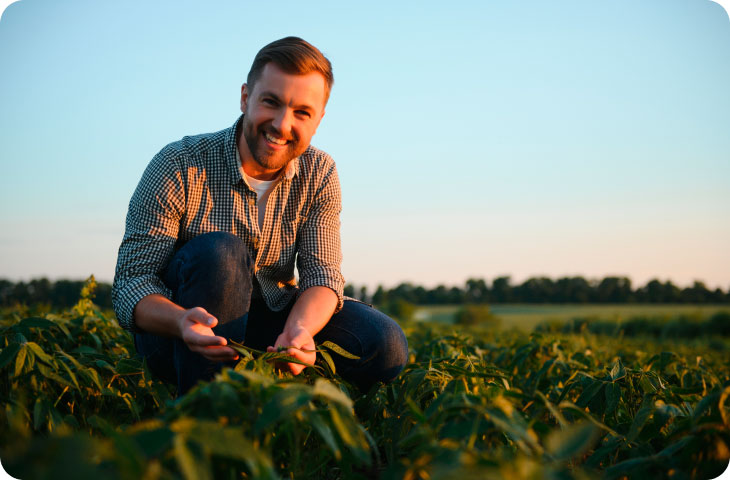 Homem sorrindo colhendo